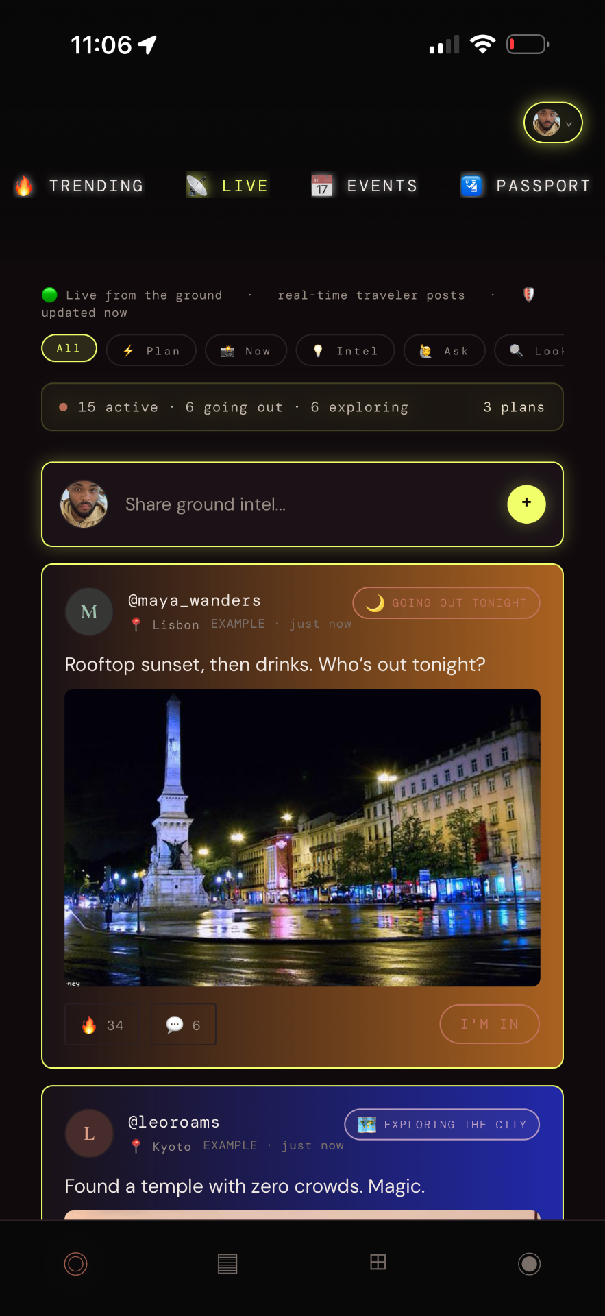 Outbound live stories feed from travelers nearby