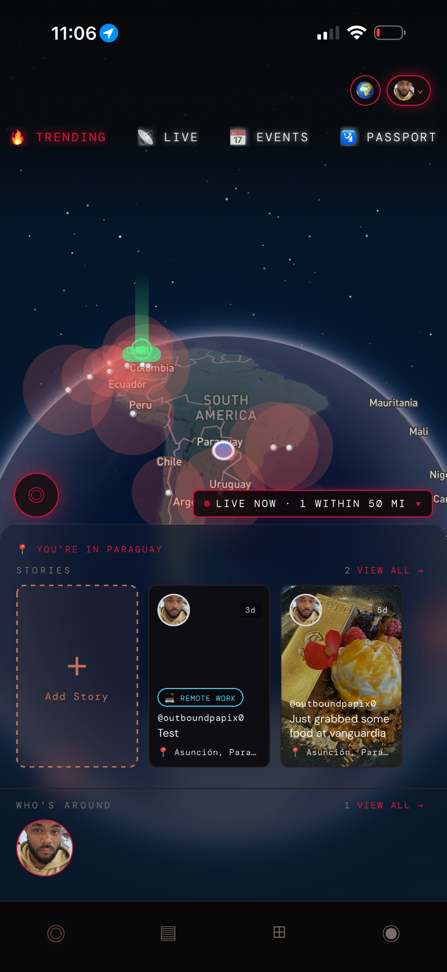 Outbound map of who's around and trending stories