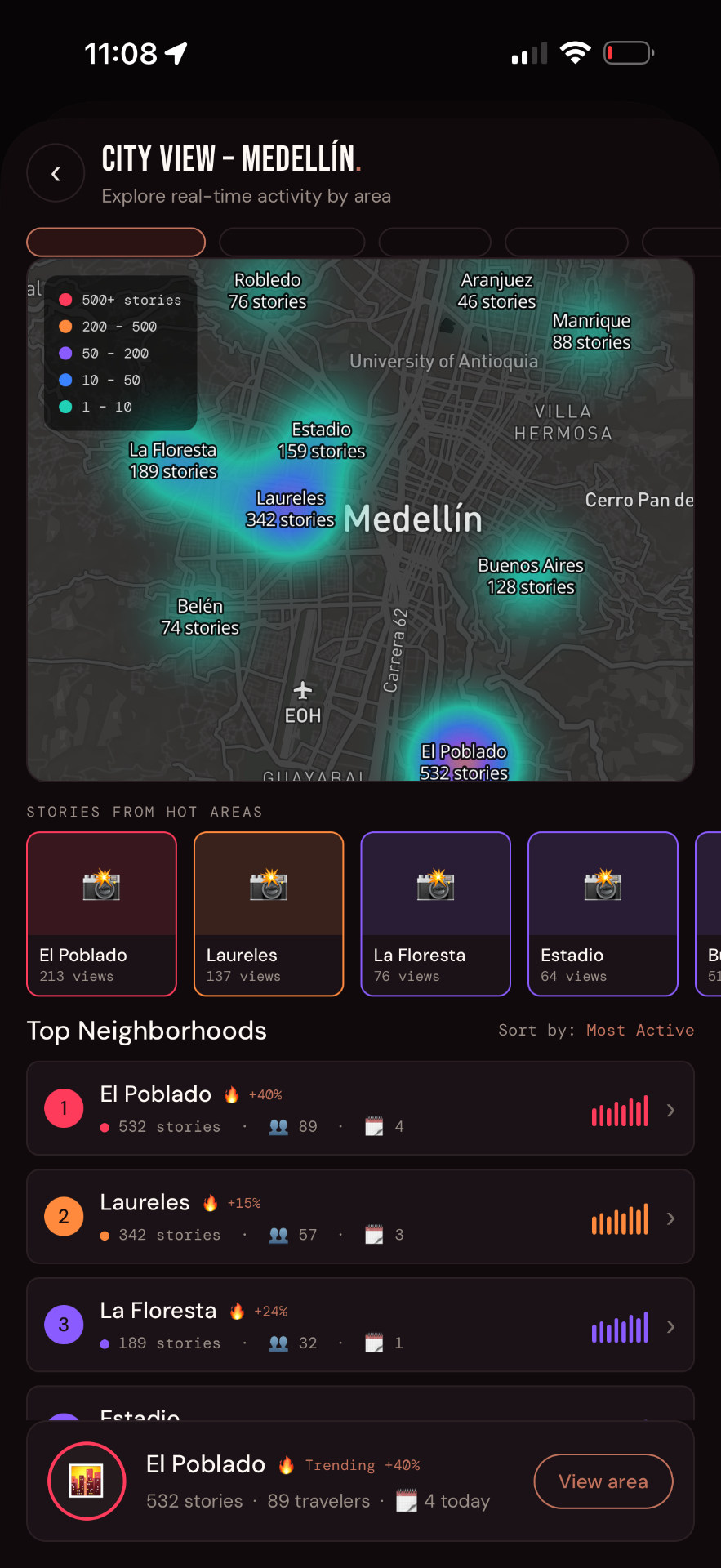 Outbound city view with live neighborhood activity heatmap