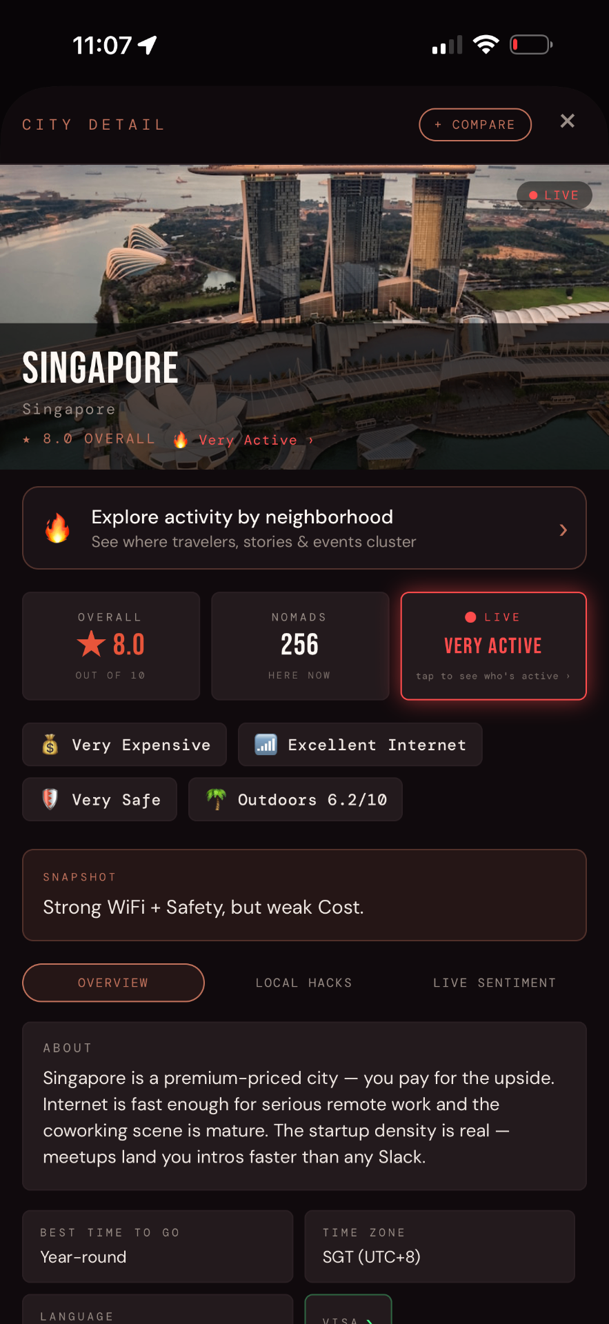 Outbound city detail with safety and internet ratings