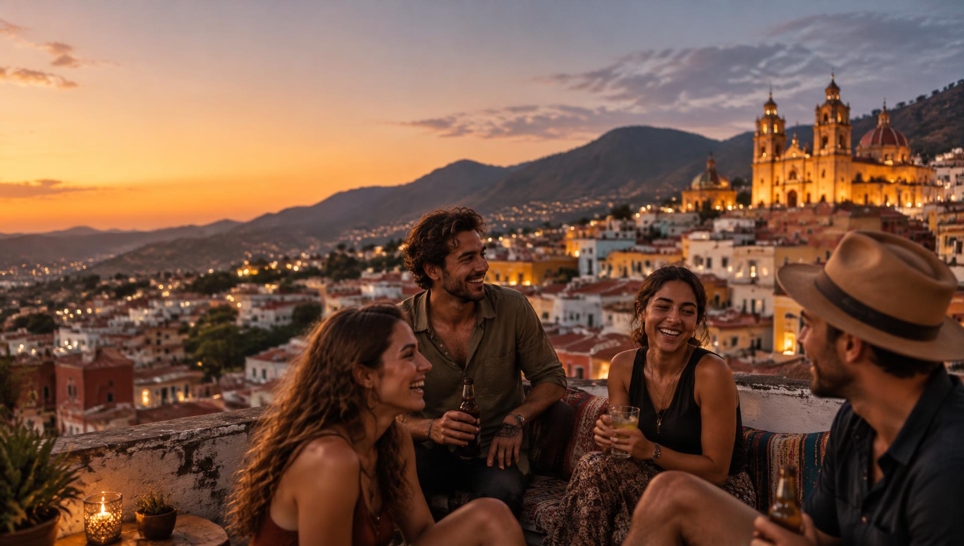 Travelers laughing together on a rooftop at sunset above a hillside city